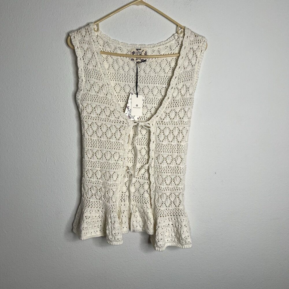 Hippie Rose Women Peplum Vest Crochet Knit Ivory Tie Front Size Small